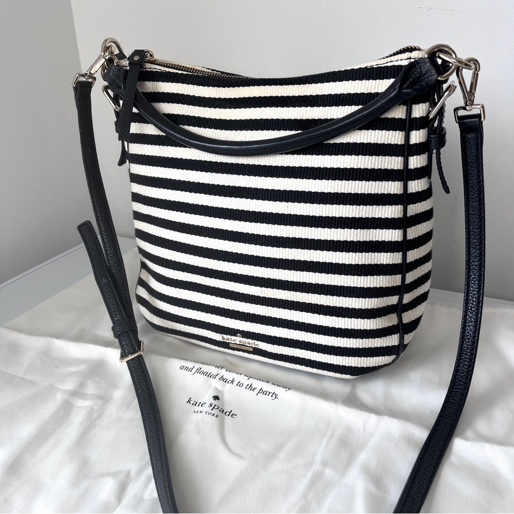 Kate Spade Black White Striped Crossbody Bag Canvas Leather Trim Convertible